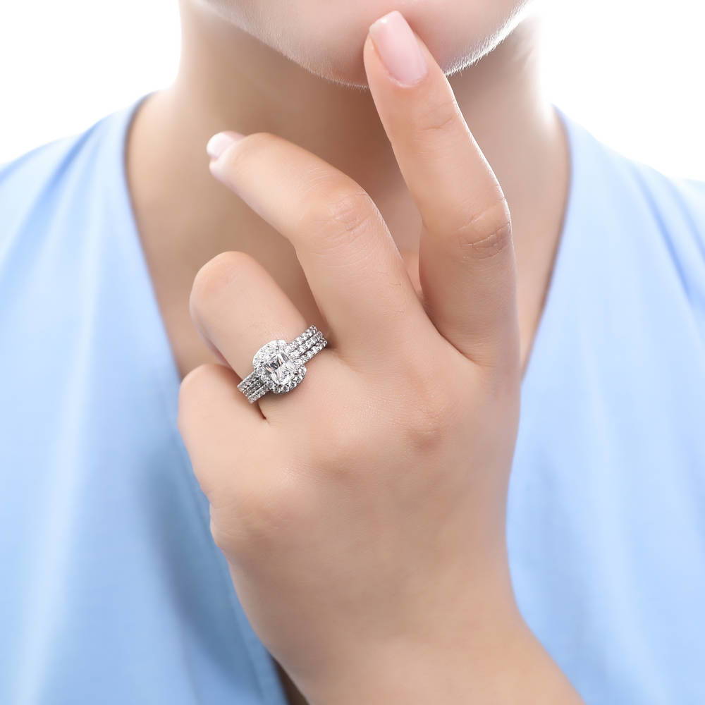 Model wearing Pave CZ Eternity Ring in Sterling Silver, 17 of 19