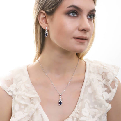 Halo Art Deco Sapphire-Blue CZ Necklace in Sterling Silver