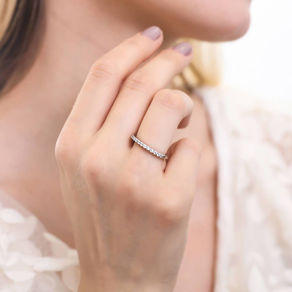 Model wearing Solitaire 2.6ct Emerald Cut CZ Ring Set in Sterling Silver, 12 of 12
