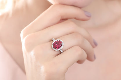 Halo Ruby-Red Oval CZ Ring in Sterling Silver