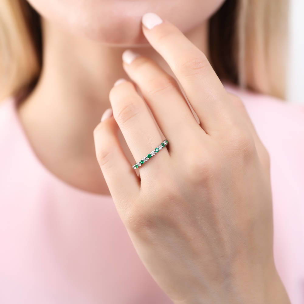 Model wearing Pave CZ Eternity Ring Set in Sterling Silver, 2 of 6
