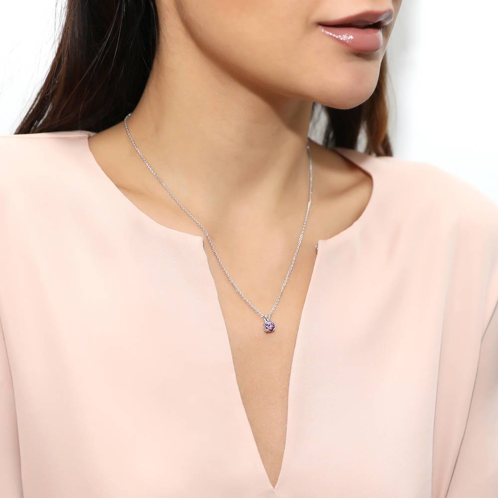 Model wearing Solitaire CZ Necklace in Sterling Silver, 19 of 19