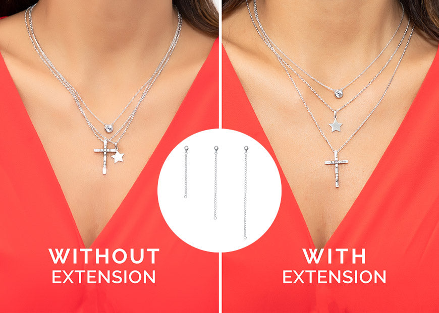 Model wearing layered necklace with a chain extender
