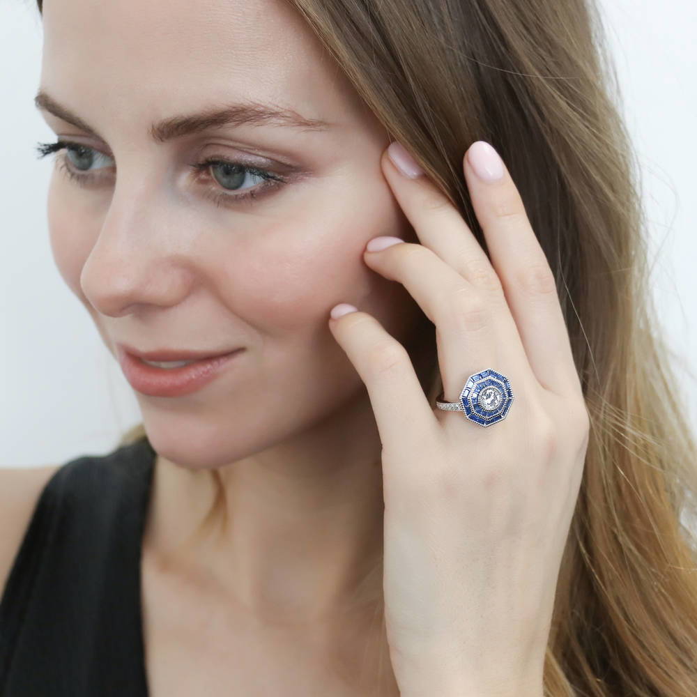 Model wearing Halo Art Deco Milgrain CZ Ring in Sterling Silver, 7 of 11