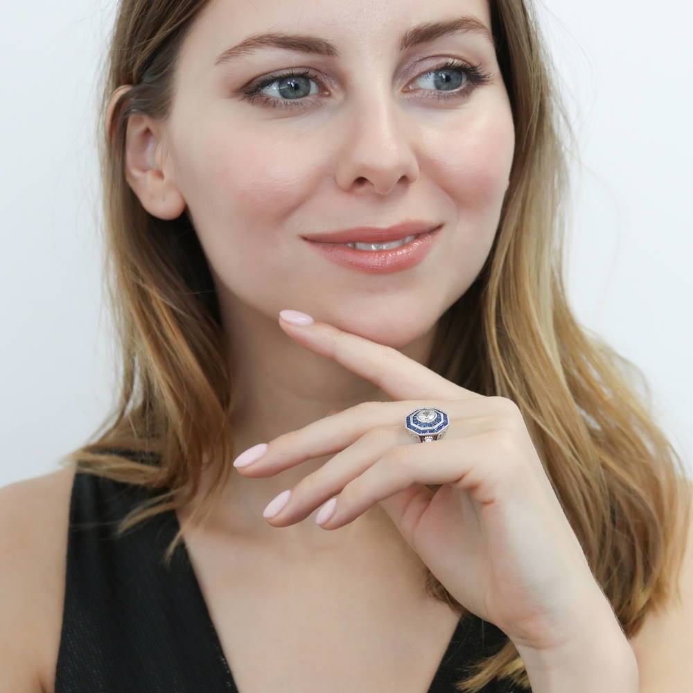 Halo Art Deco Milgrain CZ Ring in Sterling Silver
