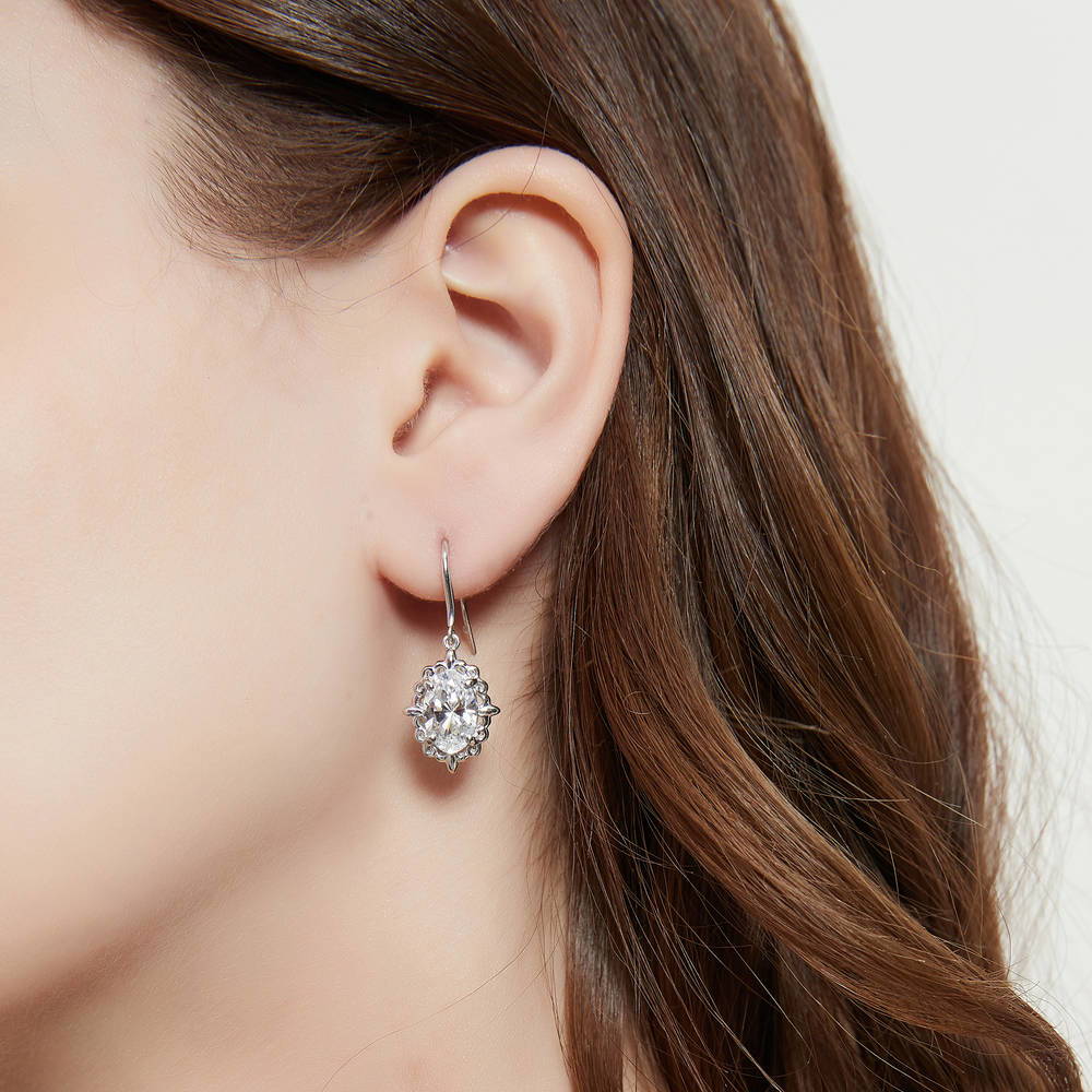 Solitaire Filigree Oval CZ Fish Hook Earrings in Sterling Silver