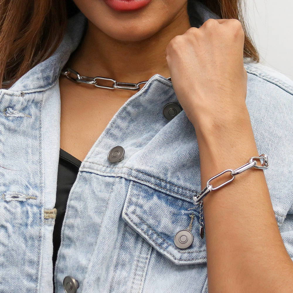 Model wearing Paperclip Link Bracelet, Silver-Tone