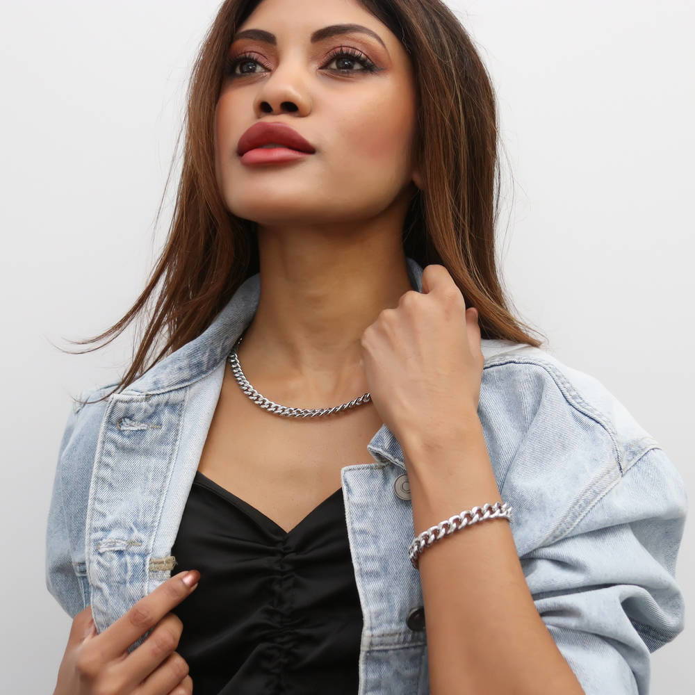 Model wearing Curb Necklace and Chain Bracelet, 2-Piece, Silver-Tone