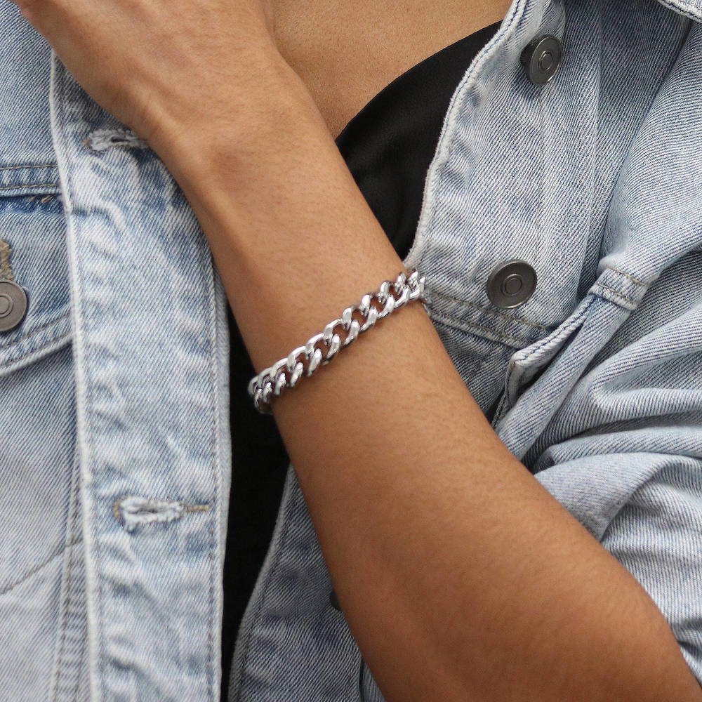 Model wearing Curb Necklace and Chain Bracelet, 2-Piece, Silver-Tone