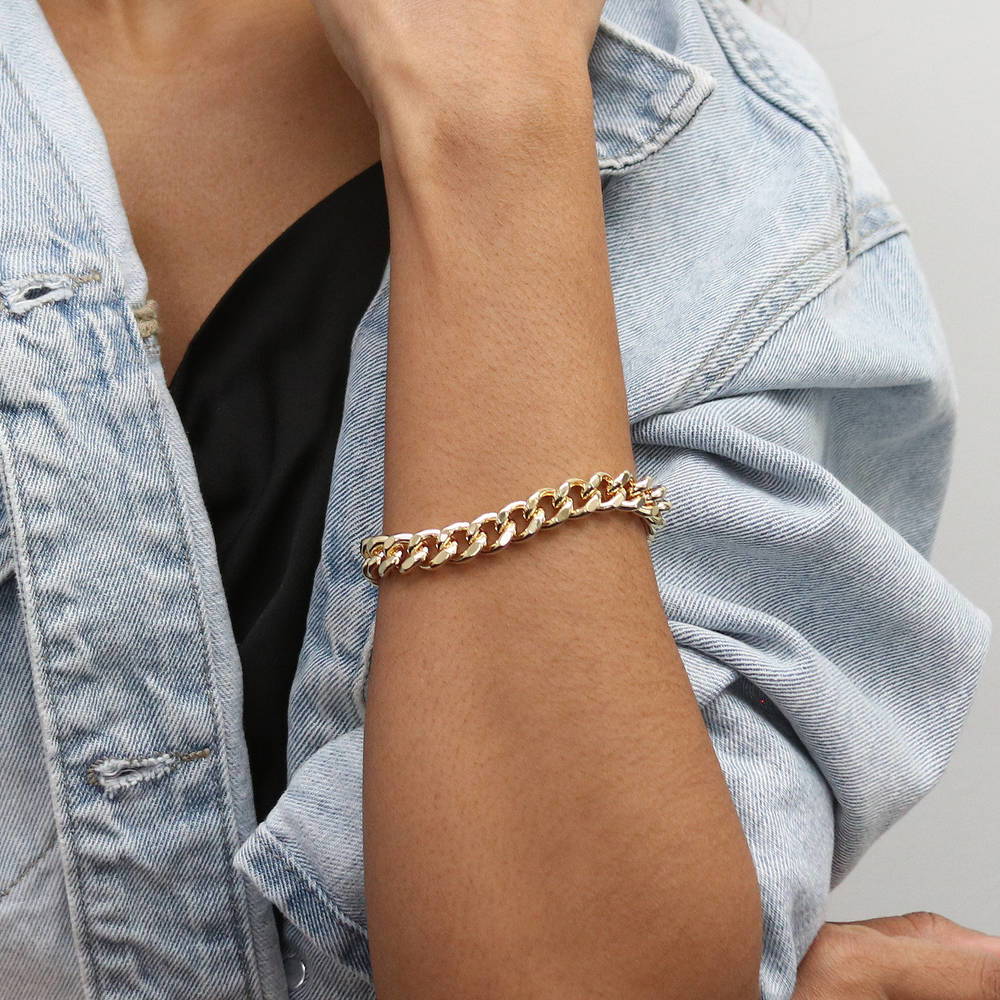 Model wearing Curb Necklace and Chain Bracelet, 2-Piece, Gold-Tone