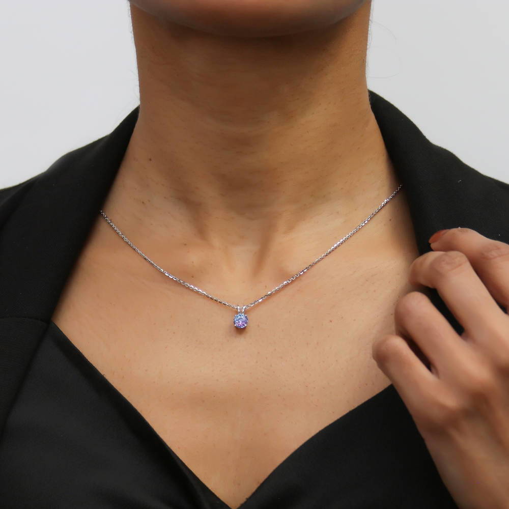 Model wearing Kaleidoscope Solitaire CZ Necklace in Sterling Silver 0.8ct, Purple Aqua Color