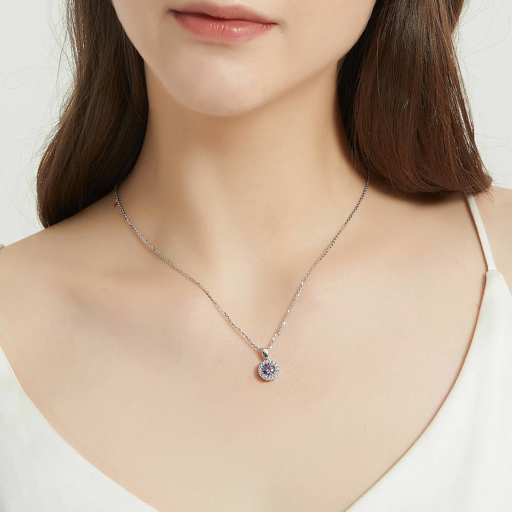 Model wearing Halo Kaleidoscope CZ Necklace in Sterling Silver, Purple