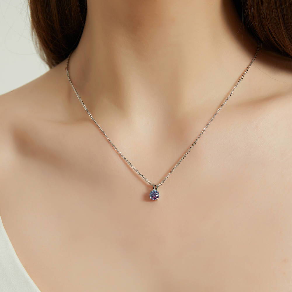 Model wearing Kaleidoscope Solitaire 0.8ct CZ Necklace in Sterling Silver, Purple Aqua Color