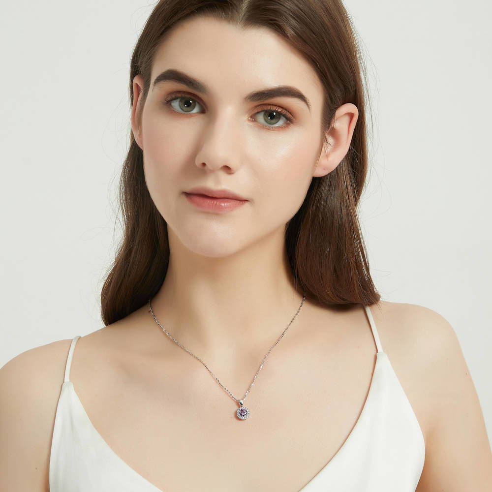 Model wearing Halo Kaleidoscope CZ Necklace in Sterling Silver, Purple