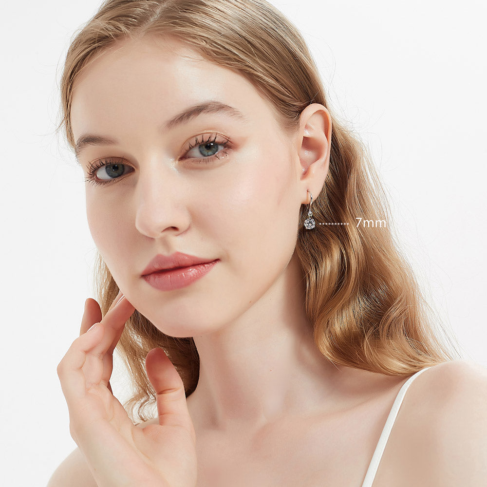 Model wearing Solitaire CZ Leverback Earrings in Sterling Silver, 6mm