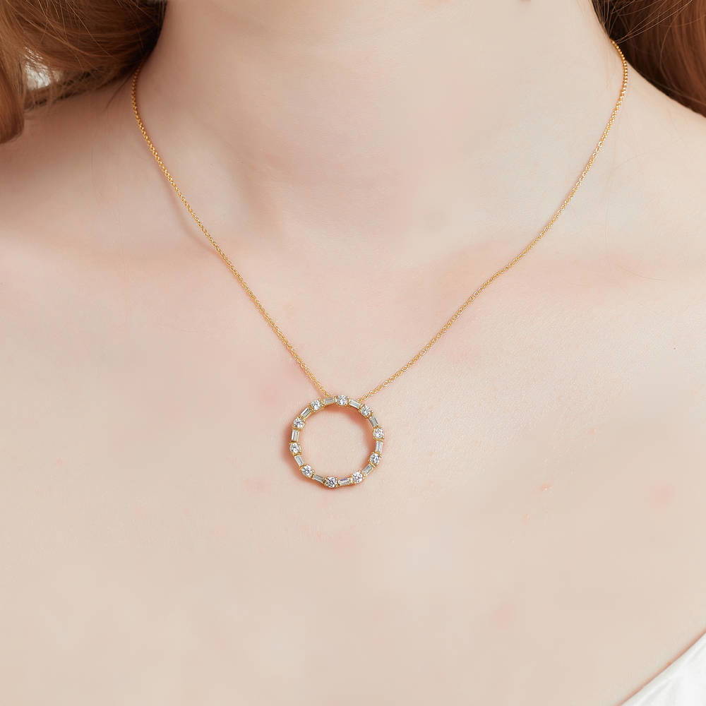 Model wearing Open Circle CZ Necklace in Sterling Silver, Yellow Gold Flashed