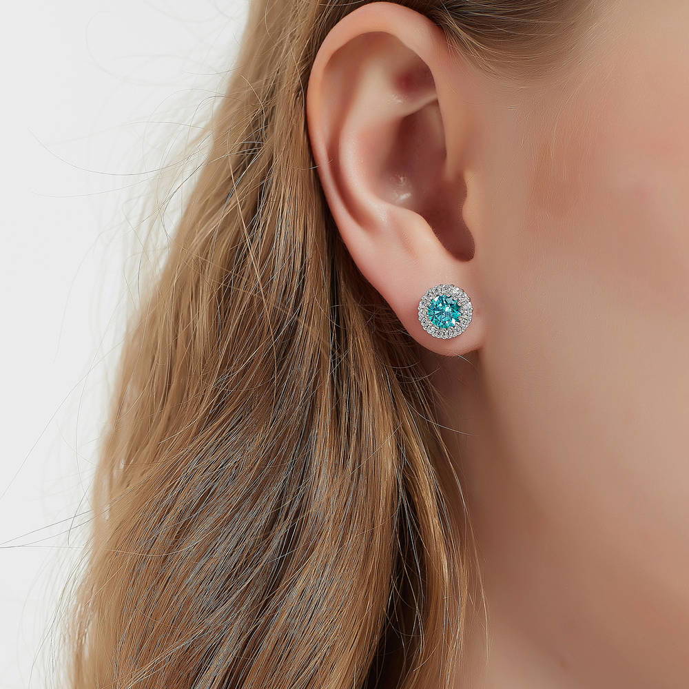 Model wearing Halo Kaleidoscope CZ Stud Earrings in Sterling Silver, Caramel Color