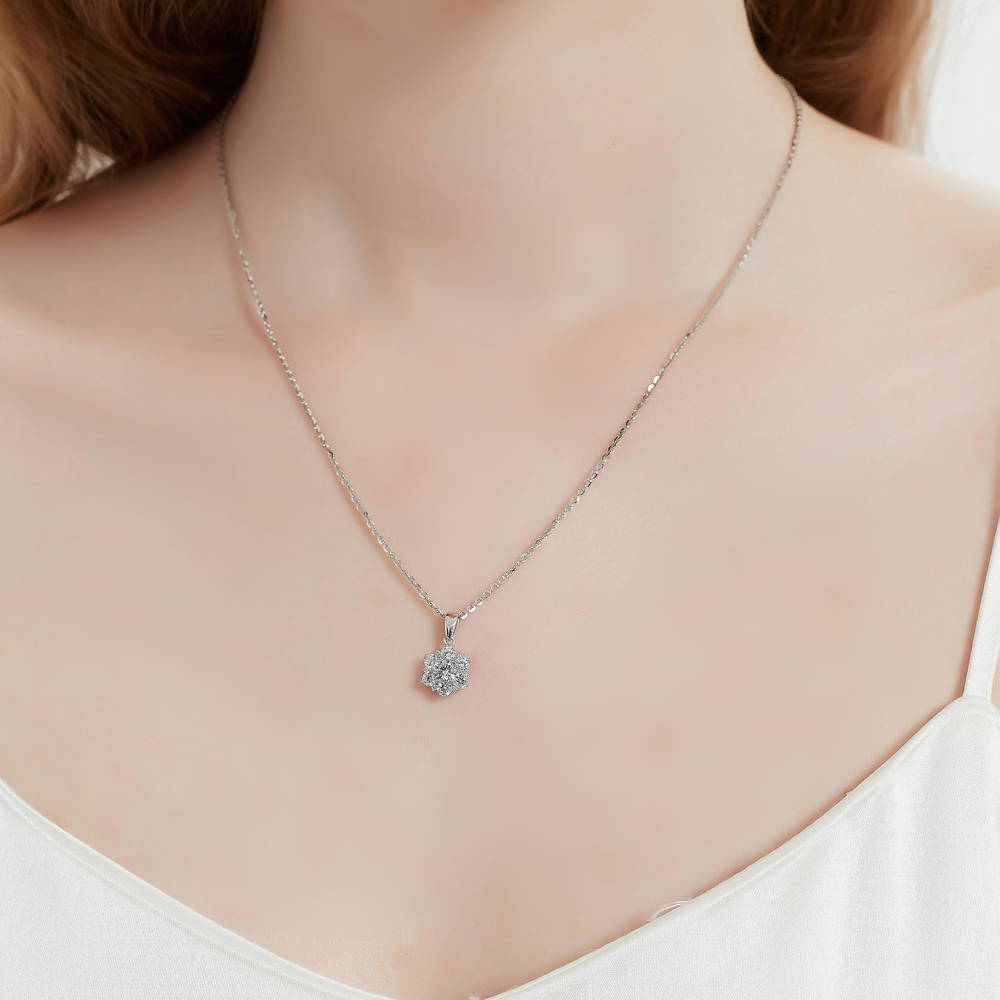 Flower Halo CZ Necklace and Earrings in Sterling Silver