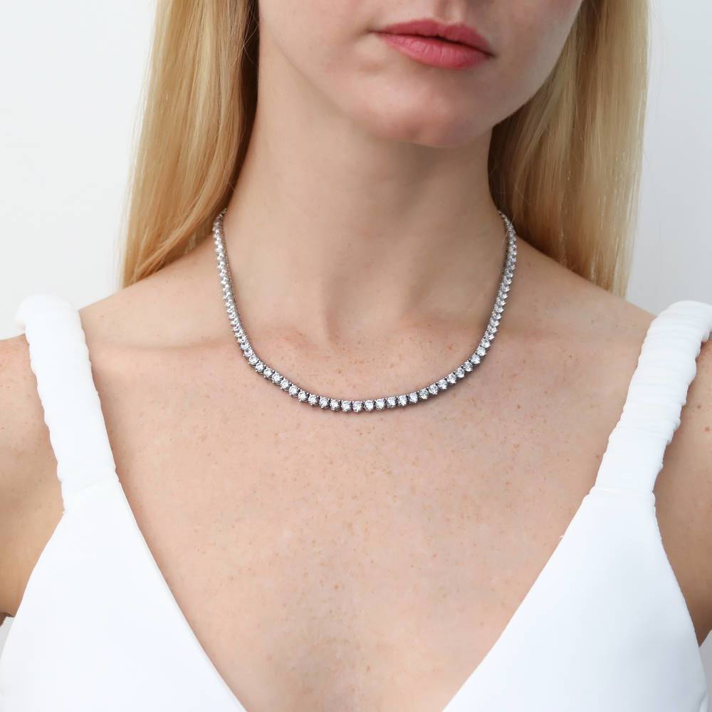 Model wearing CZ Tennis Necklace in Sterling Silver 17 inch, Yellow Gold Flashed