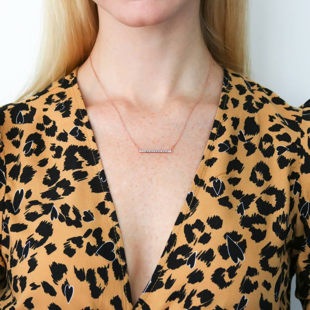 Model wearing Bar CZ Pendant Necklace in Sterling Silver, Rose Gold Flashed