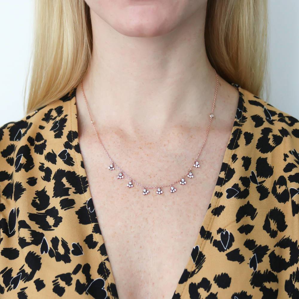 Model wearing Cluster CZ Station Necklace in Sterling Silver, Rose Gold Flashed