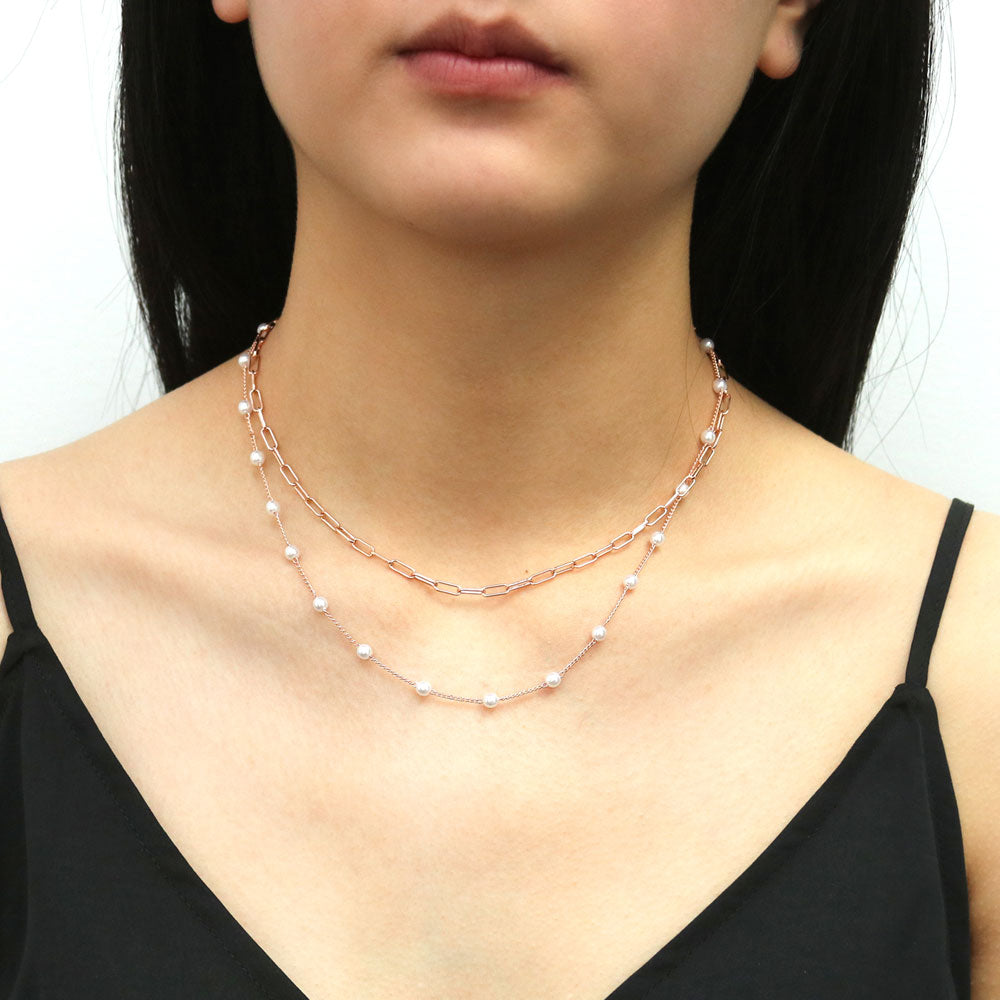 Model wearing Imitation Pearl Station Necklace, Rose Gold Flashed