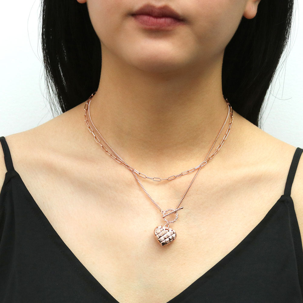 Model wearing Bead Paperclip Link Chain Necklace, 2 Piece, Rose Gold Flashed