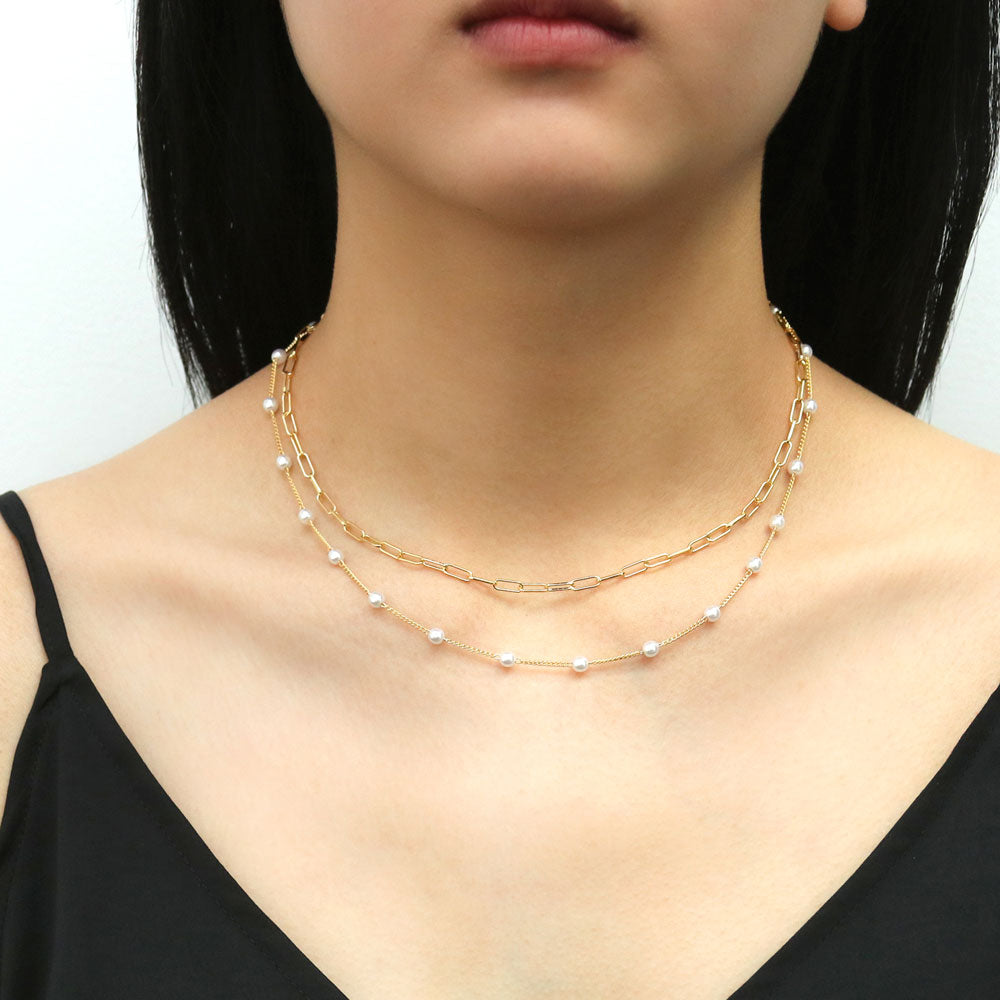 Model wearing Imitation Pearl Station Necklace, Rose Gold Flashed