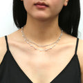 Model wearing Imitation Pearl Station Necklace, Rose Gold Flashed