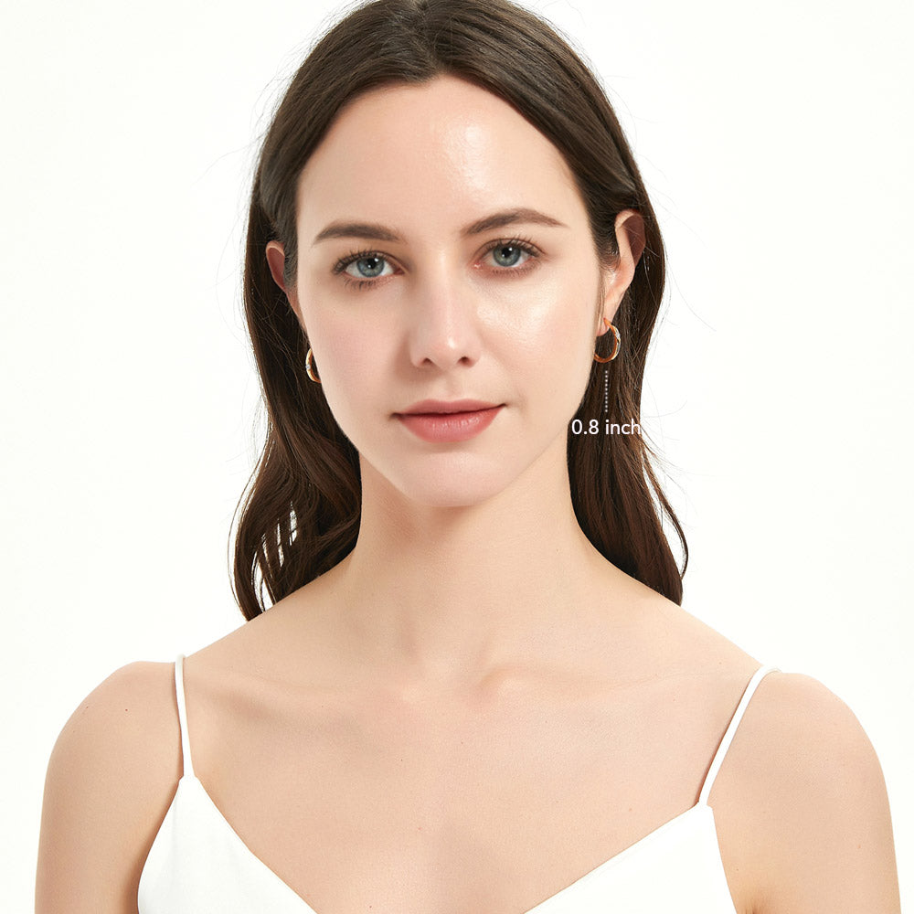 Model wearing Solitaire CZ Small Hoop Earrings in Gold Flashed Sterling Silver, 0.8 inch