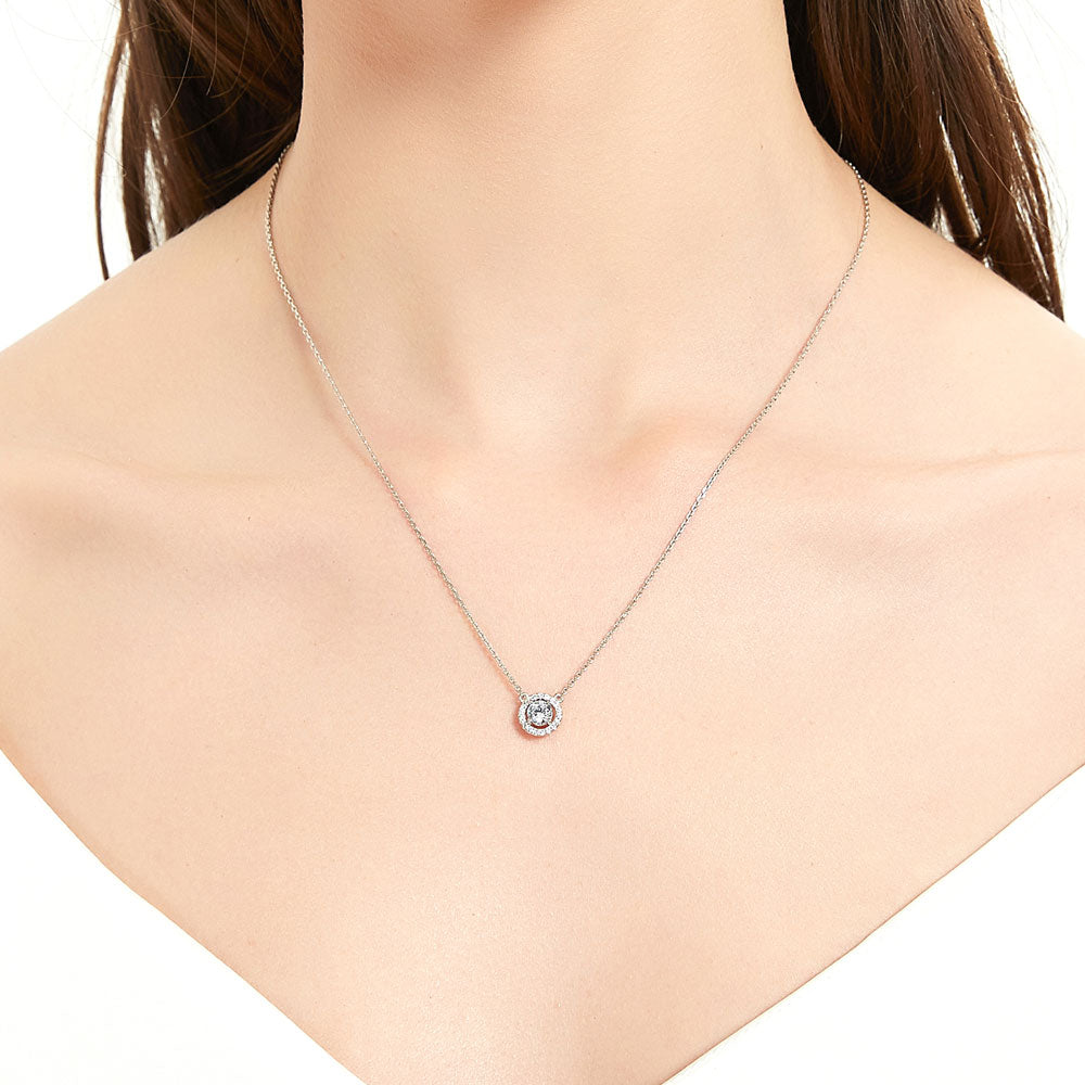 Model wearing Halo CZ Pendant Necklace in Sterling Silver, 6 of 11