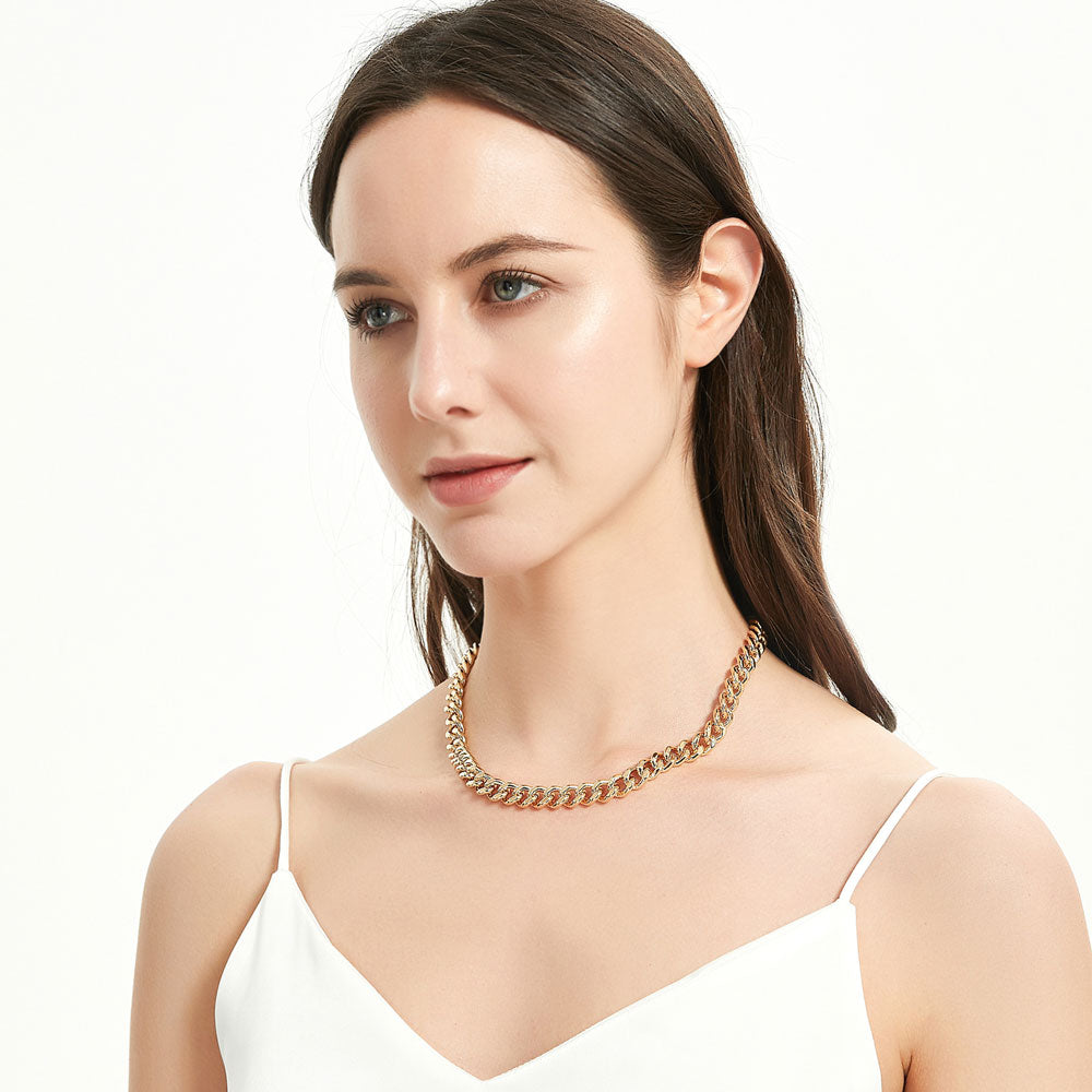 Model wearing Curb Chain Bracelet and Necklace, 2 Piece, Gold-Tone