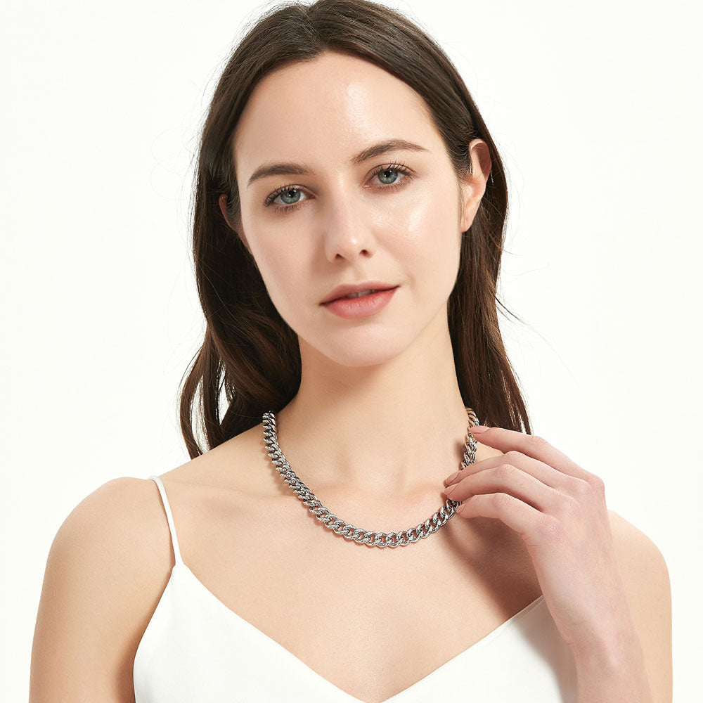 Model wearing Curb Chain Bracelet and Necklace, 2 Piece, Gold-Tone