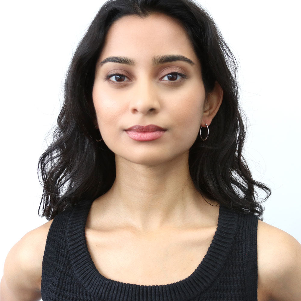 Model wearing Cable Hoop Earrings in Gold Flashed Sterling Silver 0.9 inch, 2 Pairs, 7 of 13