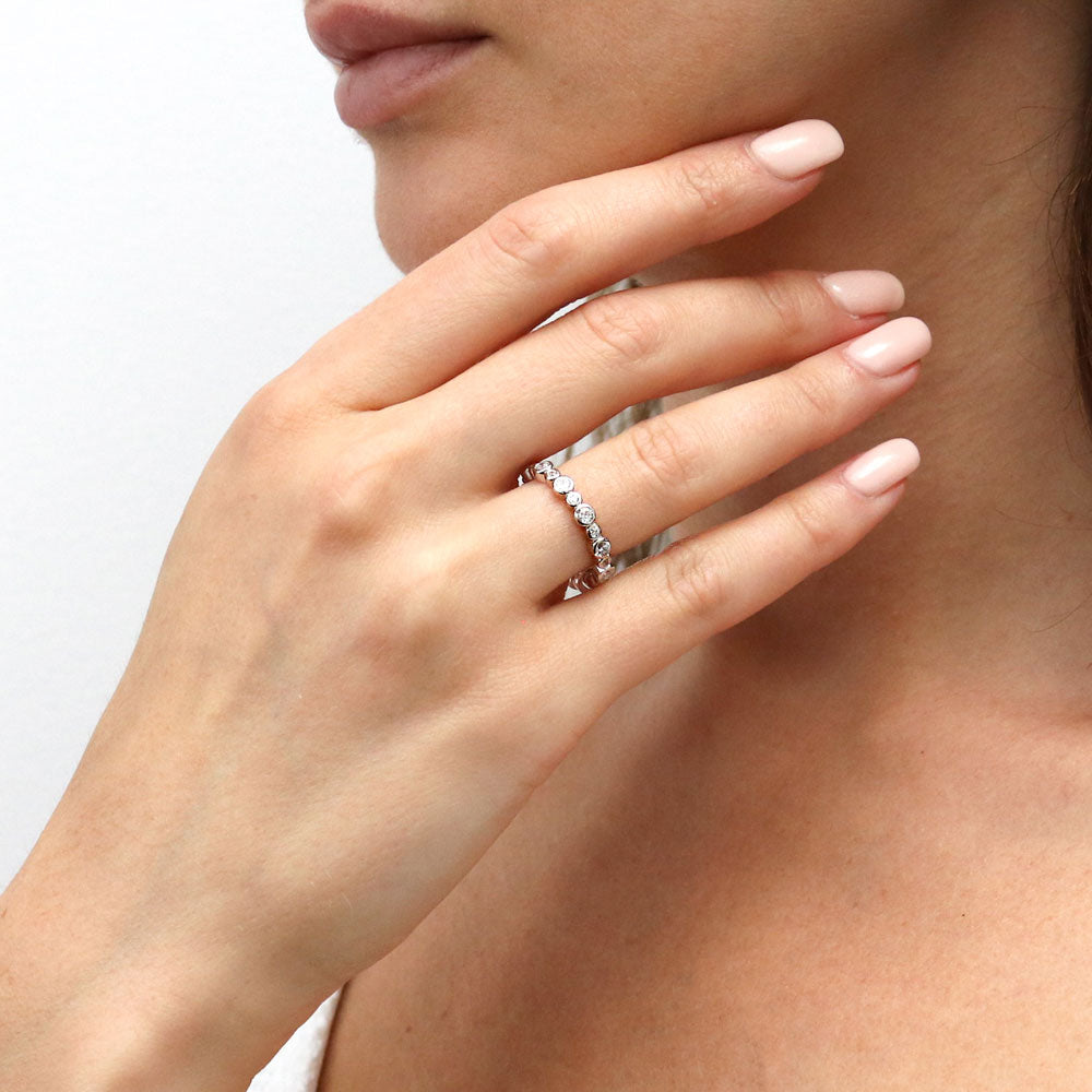 Model wearing Bubble Bezel CZ Eternity Ring Set in Sterling Silver, 12 of 13