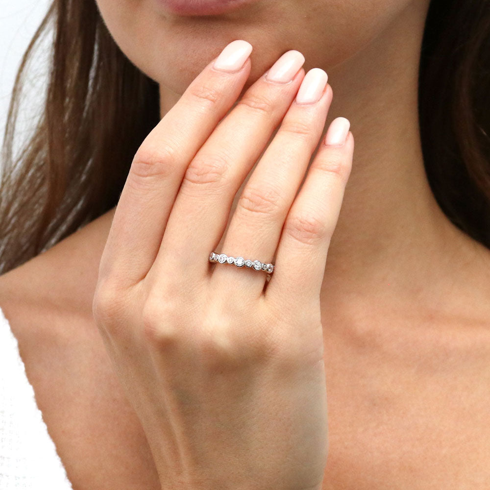 Model wearing Bubble Bezel CZ Eternity Ring Set in Sterling Silver, 7 of 13