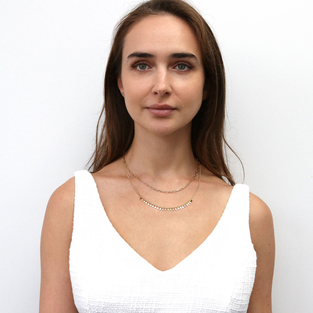 Model wearing Bead Paperclip Link Chain Necklace, 2 Piece, Yellow Gold Flashed