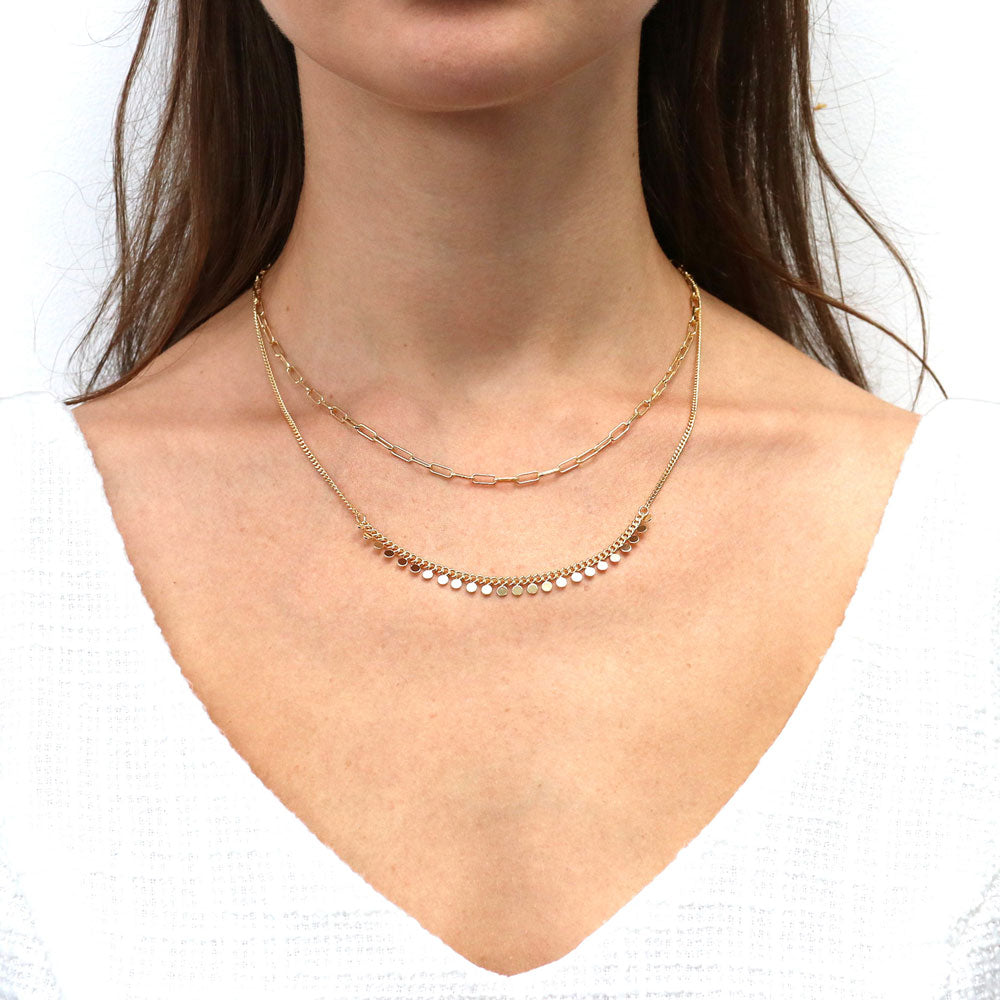 Model wearing Bead Paperclip Link Chain Necklace, 2 Piece, Yellow Gold Flashed