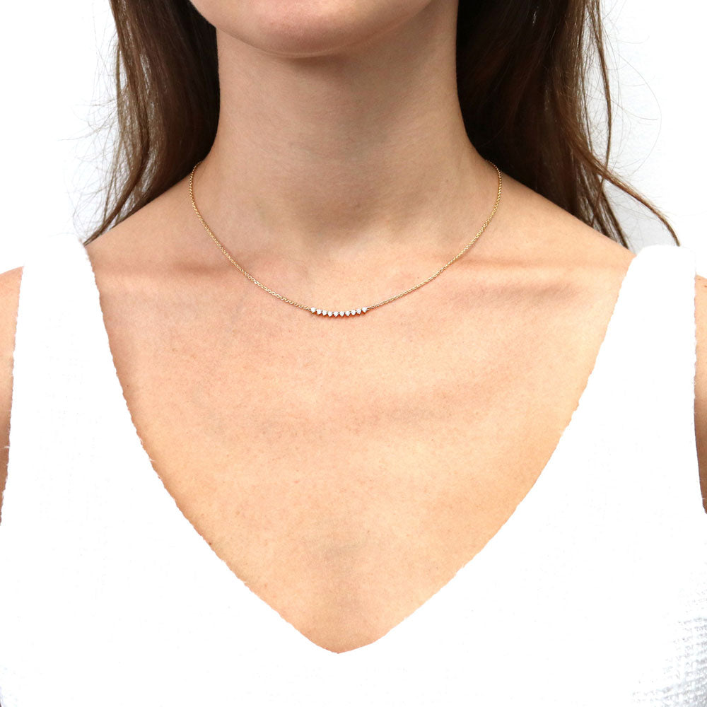 Model wearing Bar CZ Pendant Necklace in Sterling Silver, Rose Gold Flashed