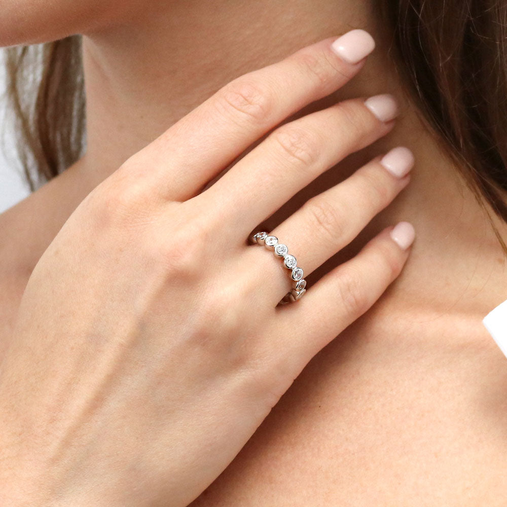 Model wearing Bubble Bezel CZ Eternity Ring in Sterling Silver, 6 of 10