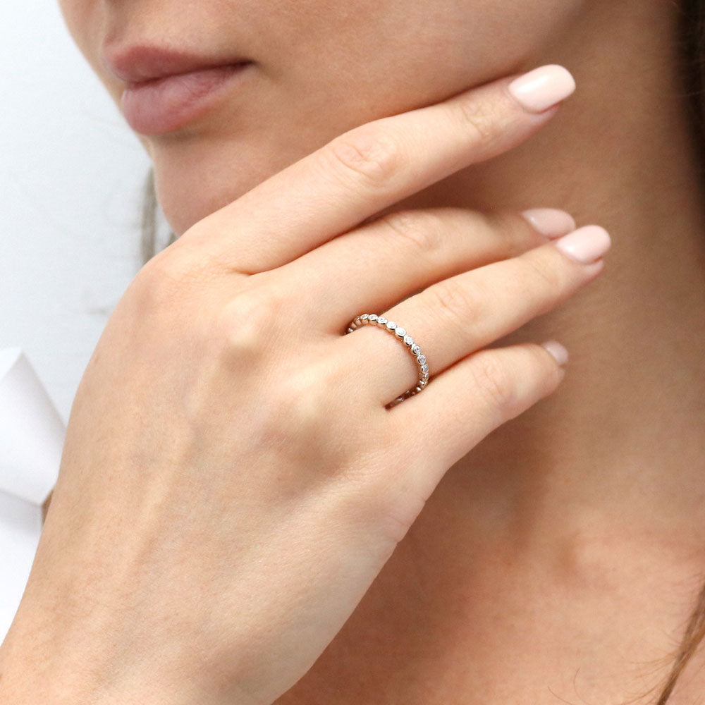 Model wearing Bubble Bezel CZ Eternity Ring Set in Sterling Silver, 6 of 10