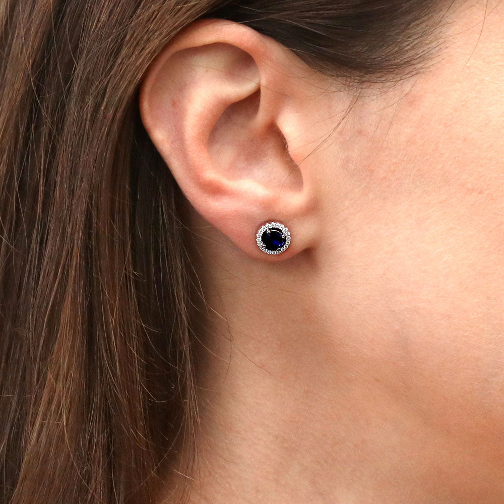 Model wearing Halo CZ Stud Earrings in Sterling Silver, 4 of 6