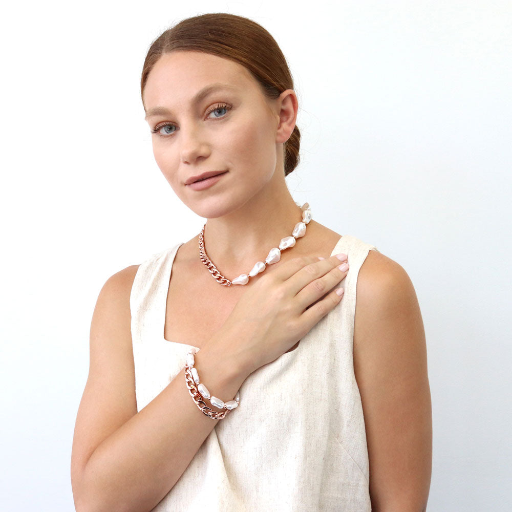Model wearing Imitation Pearl Curb Chain Necklace, Rose Gold Flashed