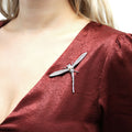 Model wearing Dragonfly Button Cultured Pearl Pin in Sterling Silver, Yellow Gold Flashed