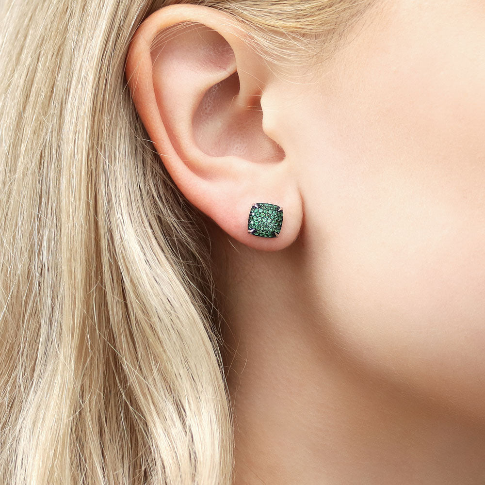 Model wearing Square CZ Stud Earrings in Sterling Silver, Green Color