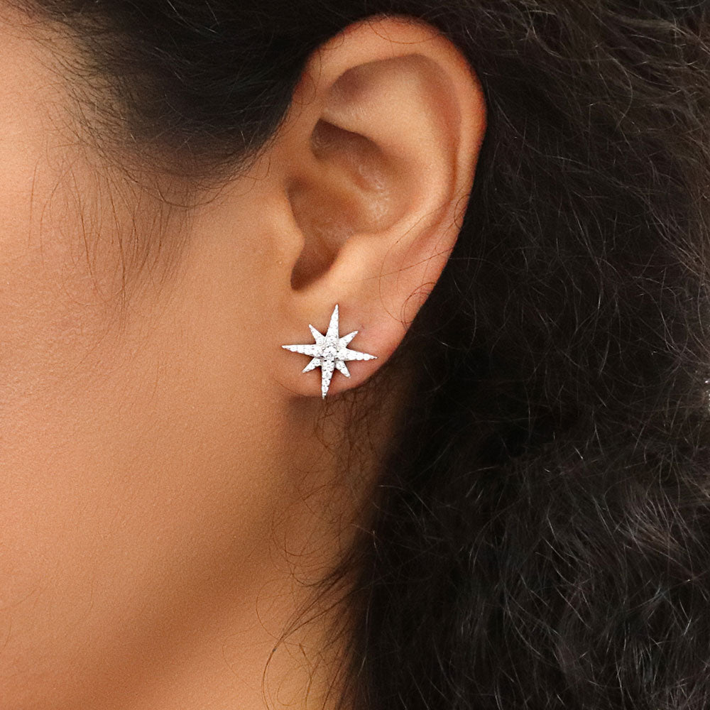 Model wearing North Star CZ Stud Earrings in Sterling Silver, Yellow Gold Flashed