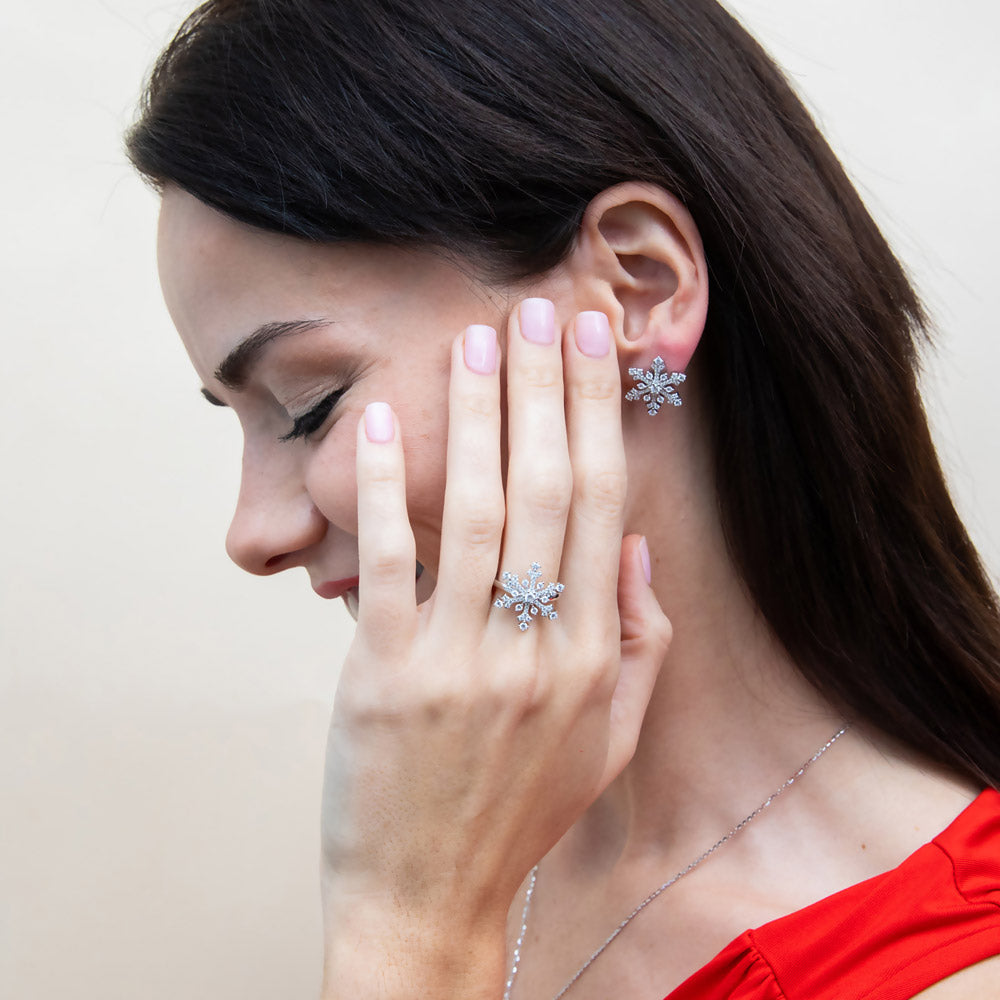Model wearing Snowflake CZ Ring in Sterling Silver, 6 of 11