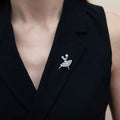 Model wearing Dancing Ballerina Button Cultured Pearl Pin in Sterling Silver, Yellow Gold Flashed