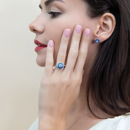 Halo Art Deco Milgrain CZ Stud Earrings in Sterling Silver