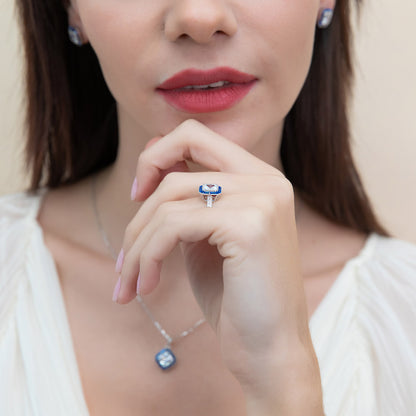 Halo Art Deco Milgrain Princess CZ Ring in Sterling Silver